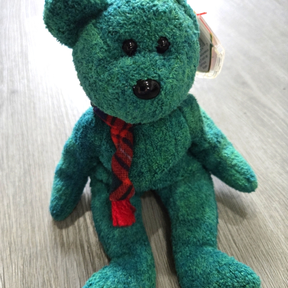 Rare Plush Green Teddy Bear with Red Scarf
